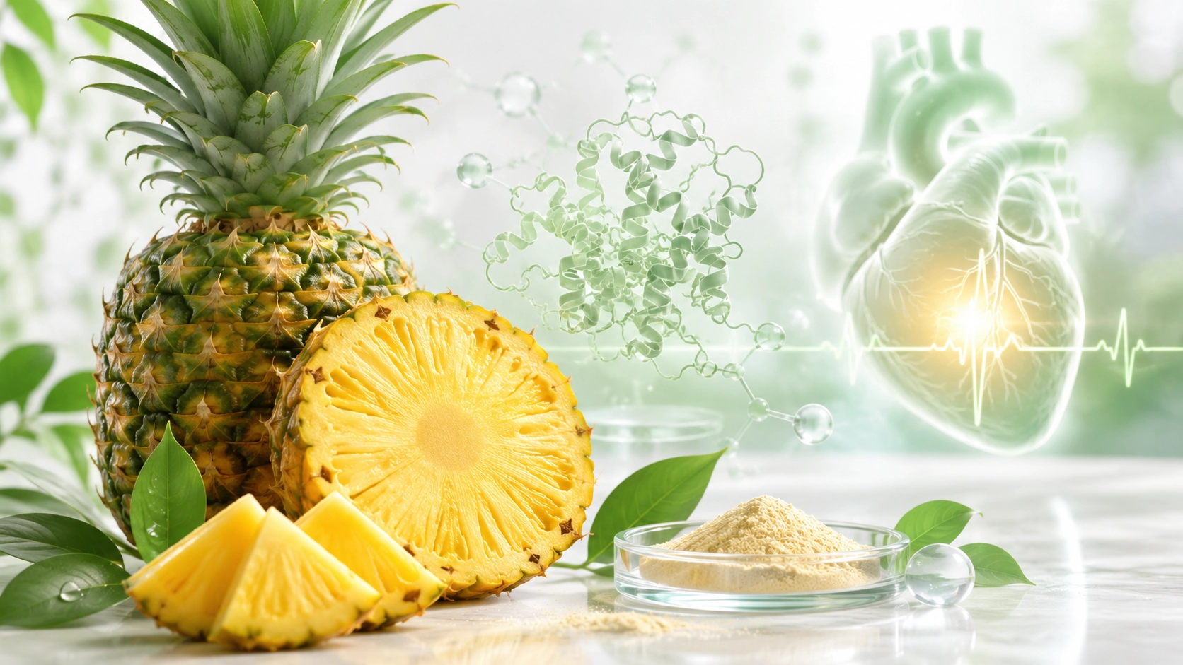 تصویر شماتیک آناناس به‌عنوان منبع طبیعی بروملین و ساختارهای آنزیمی